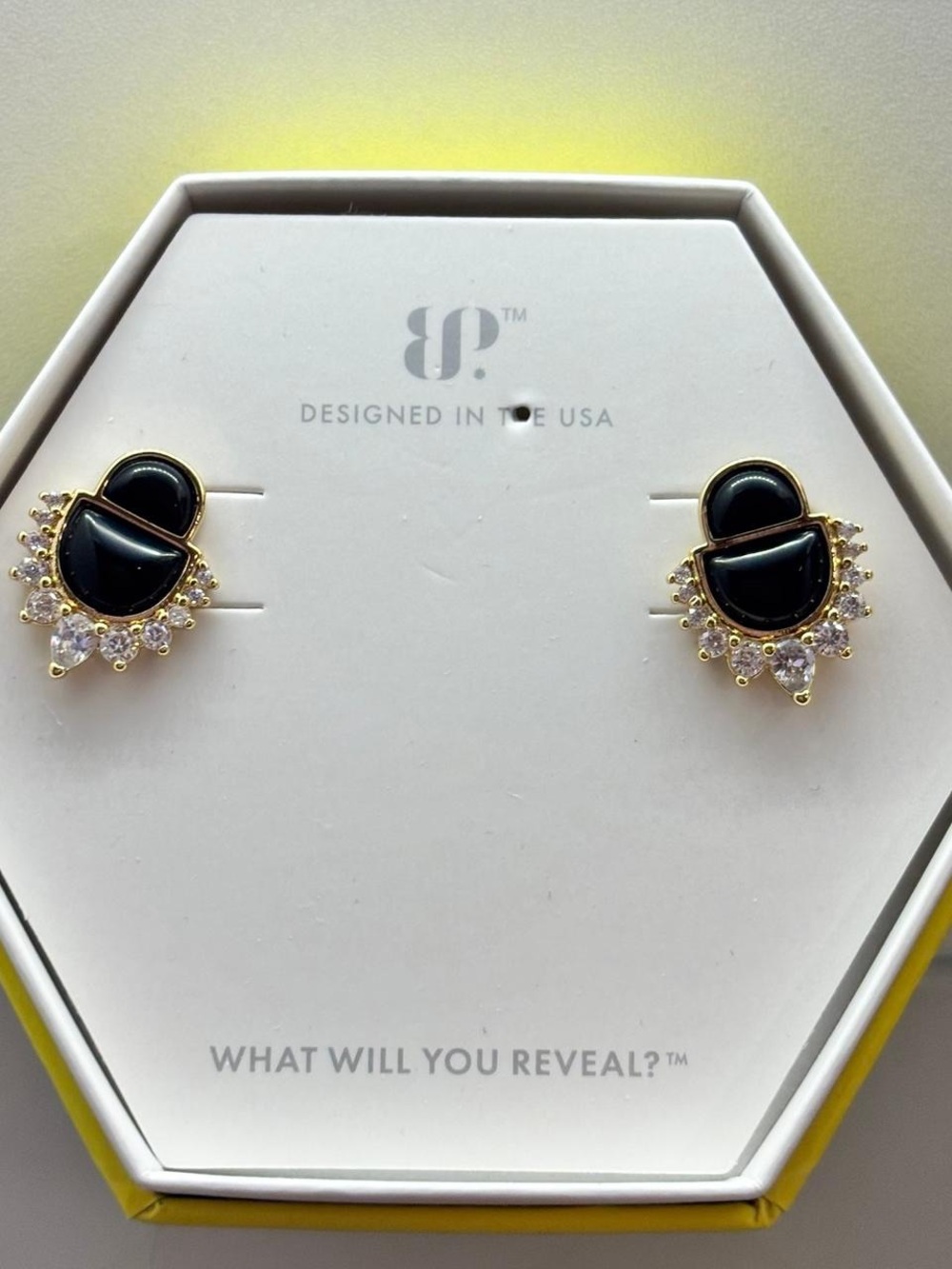 bp Black and Gold Crystal Halo Stud Earrings